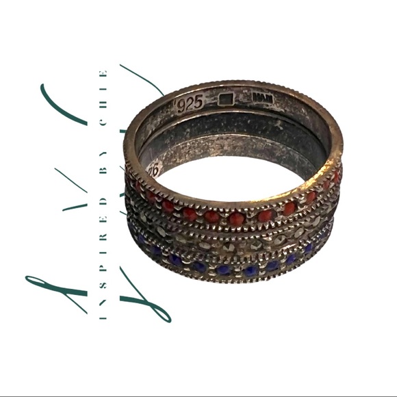 Vintage Sterling Silver Red White & Blue Paved Gemstone Stackable Band Rings - Picture 1 of 7